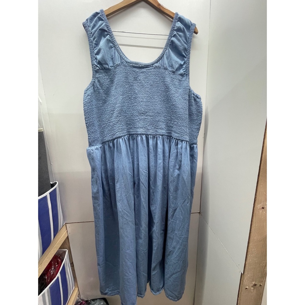 Lane Bryant Womens Blue Chambray Smocked Bodice Sleeveless Midi Dress 34/36